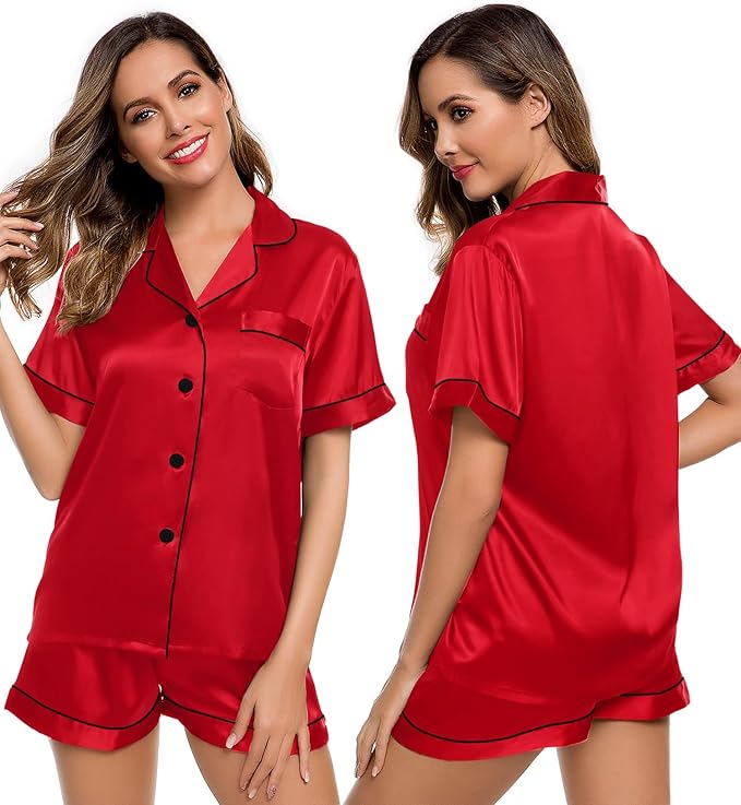 LecGee Womens Silk Satin Pajamas Short Sleeve Loungewear Two-Piece Sleepwear Button-Down Pj Set