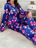 WDIRARA Women's 2 Piece Bowknot Print Satin Pajama Set Long Sleeve Button Down Lounge Pants Sleepwear Sets