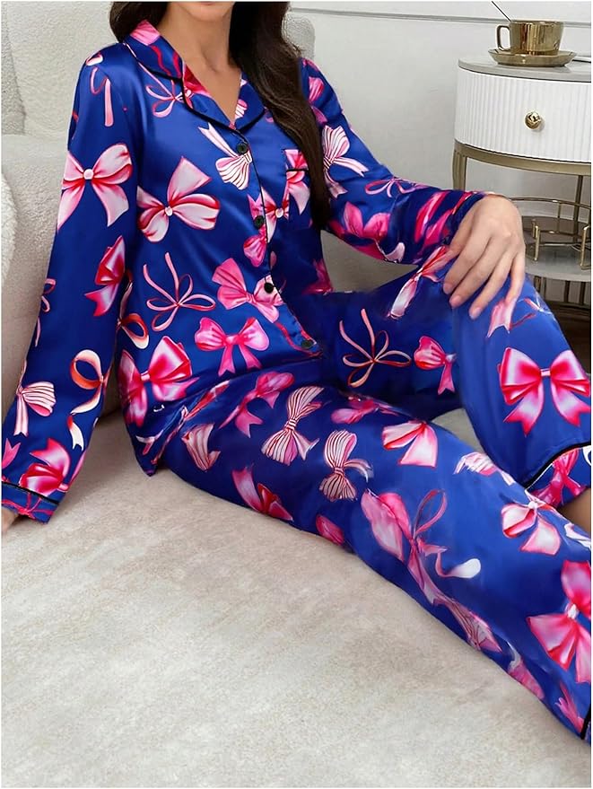 WDIRARA Women's 2 Piece Bowknot Print Satin Pajama Set Long Sleeve Button Down Lounge Pants Sleepwear Sets