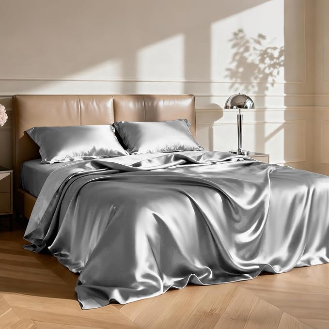 Love's cabin Satin Queen Sheets Set - 4 Piece Dark Grey Silky Bed Sheets with Deep Pocket, Luxury Silk Feel Satin Queen Size Sheet Set (1 Flat Sheet,1 Fitted Sheet,2 Pillow Cases)