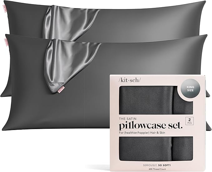 Kitsch Satin Pillowcase with Zipper for Hair & Skin - Softer Than Silk Pillow Cases, Smooth Cooling Satin Pillow Case, Wrinkle-Free, Machine Washable, King Size Satin Pillow Case 19x36, Charcoal, 2pc
