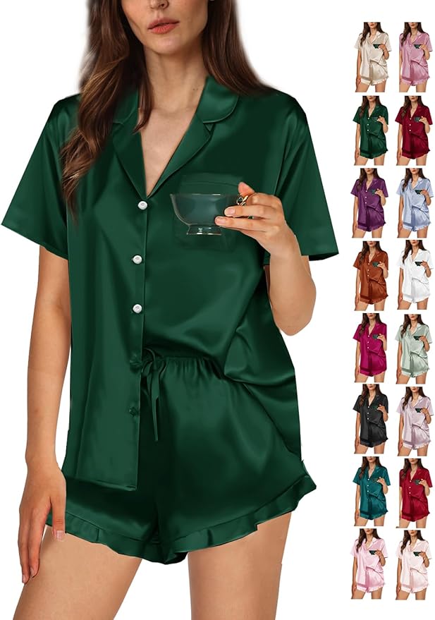 WJing Yi Jia Ruffle Pajama Sets For Women XS-4XL Womens Silk Satin Pajamas Set Silky Sleepwear Pj Sets Nightwear Loungewear