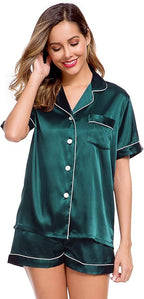 LecGee Womens Silk Satin Pajamas Short Sleeve Loungewear Two-Piece Sleepwear Button-Down Pj Set
