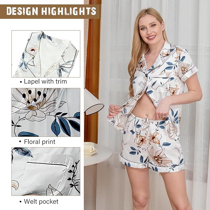 WJing Yi Jia Womens 3Pcs Satin Pajamas Set Floral Silk Pajama Sets Stripe Lounge Set Silky Sleepwear XS-2XL Pjs Long Scarves