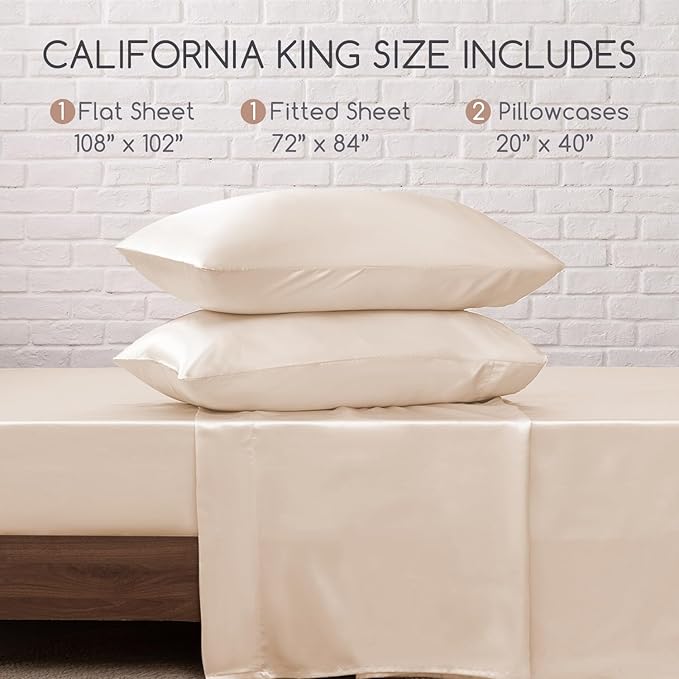 MR&HM Satin Bed Sheets, California King Size Sheets Set, 4 Pcs Silky Bedding Set with 15 Inches Deep Pocket for Mattress (California King, Beige)