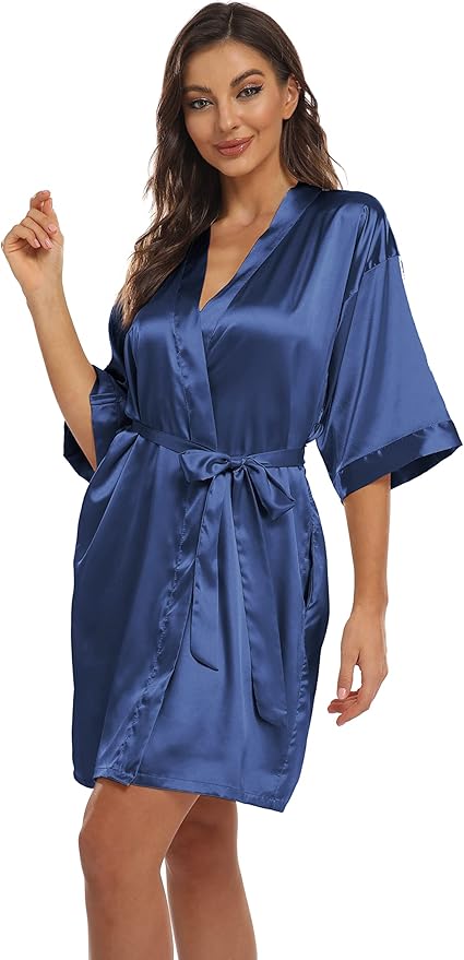 Women's Pure Short Kimono Robes Bride Bridesmaids Silky Bathrobe Lightweight Satin Sleepwear