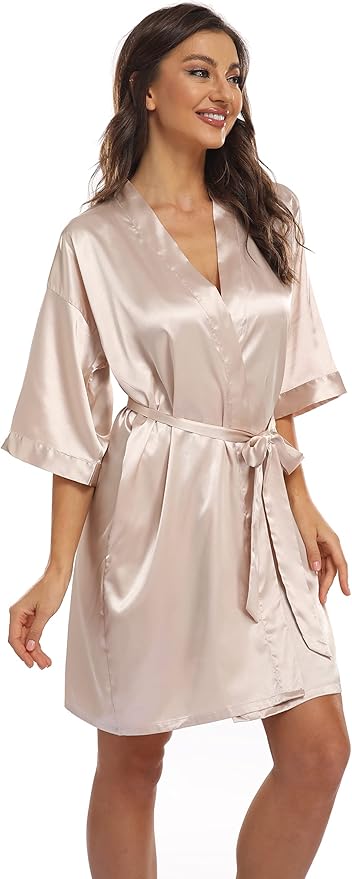 Women's Pure Short Kimono Robes Bride Bridesmaids Silky Bathrobe Lightweight Satin Sleepwear