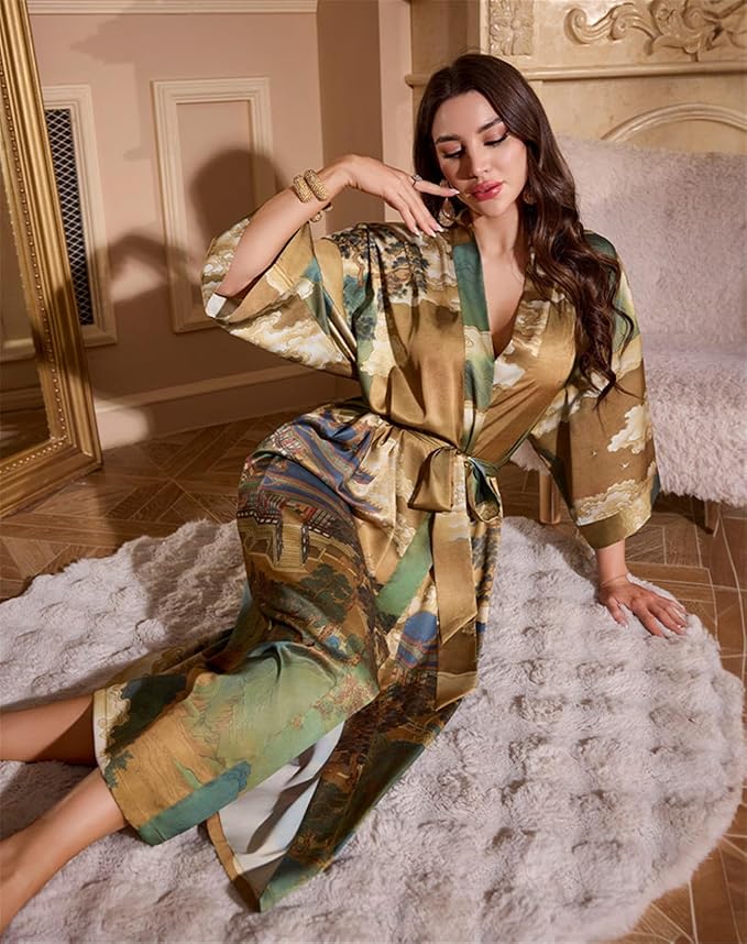 Kihnop Women's Floral Long Kimono Robe Long Satin Robe Long Silk Robe Ladies Kimonos Silky Bathrobe Cover Up, One Size