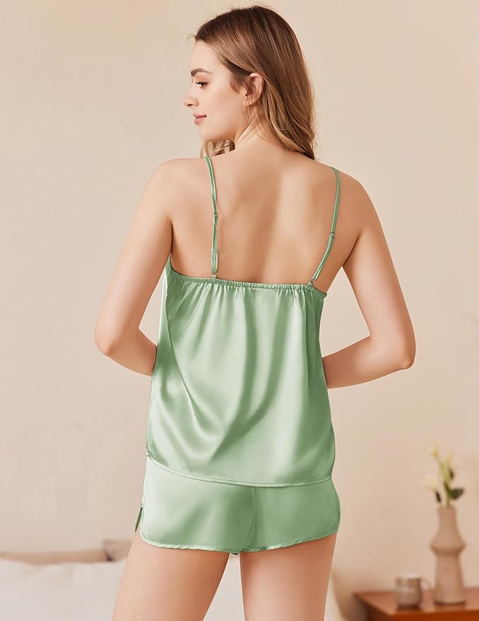 Ekouaer Silk Pajamas Set for Women Satin Camisole Sleepwear Lingerie V-Neck Cami Top and Shorts Pjs