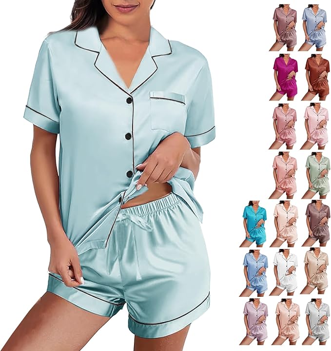 WJing Yi Jia Womens Silk Satin Pajamas Loungewear Two-Piece Sleepwear Button-Down Floral Pj Set XS-4XL
