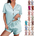 WJing Yi Jia Womens Silk Satin Pajamas Loungewear Two-Piece Sleepwear Button-Down Floral Pj Set XS-4XL