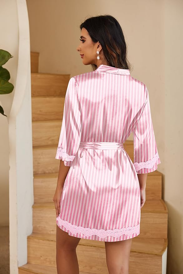 Ekouaer Women's Lace-Trim Silk Robes Bride Bridesmaid Kimono Satin Bathrobe V Neck Sleepwear with 3/4 Sleeve