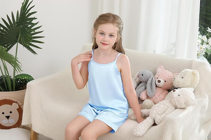 Weixinbuy Girls Pajamas Silk PJS Set Sleeveless Pajama Tank Elastic Waist Shorts Sleepwear Kids Summer Nightwear Clothes Set