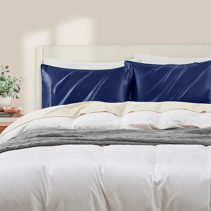 Navy Blue Satin Pillowcase Queen Size Set of 2 for Hair and Skin, Navy Blue Silk Pillowcase Breathable Pillowcase with Envelope Closure