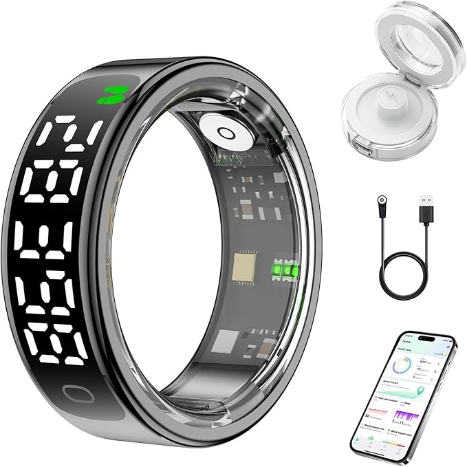 Smart Health Ring for Women Men, Smart Ring Fitness Tracker for iOS Android, Heart Rate, Blood Oxygen, Blood Pressure, Sleep Monitoring,5ATM Waterproof, No Subscription Fee (Black, 11#)
