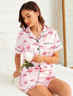 SWOMOG Womens Silk Satin Pajamas Set Short Sleeve Sleepwear Button Down Top and Shorts Loungewear 2 Piece Pjs Set XS-3XL