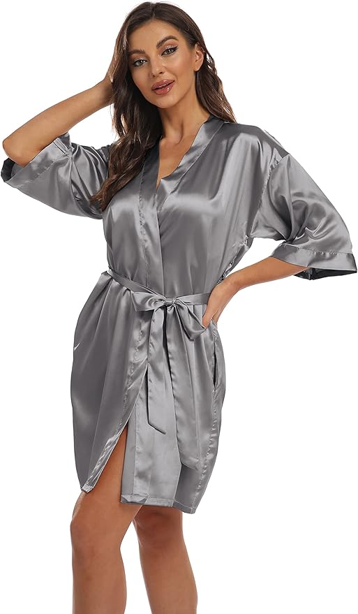 Women's Pure Short Kimono Robes Bride Bridesmaids Silky Bathrobe Lightweight Satin Sleepwear