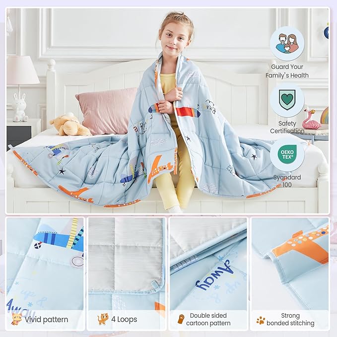HOSUKKO Weighted Blanket - 5 lbs Cooling Blue Airplane Heavy Blanket - Small Size Breathable Blanket for Hot Sleepers(36 * 48 inches, 5 lbs)