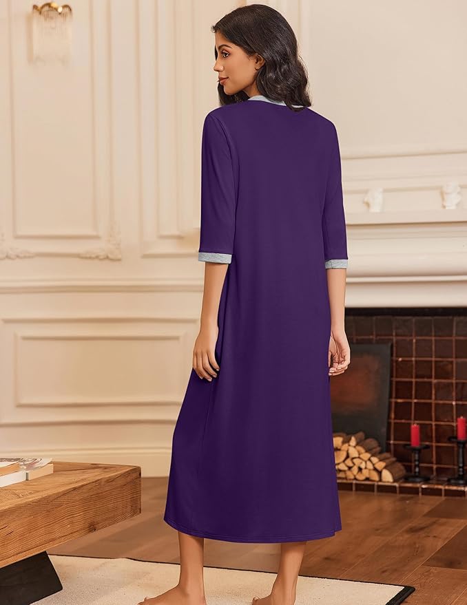 Ekouaer Women's Zipper Robe 3/4 Sleeves Housecoat Full Length Nightgown Soft Loungewear Robe with Pockets S-3XL