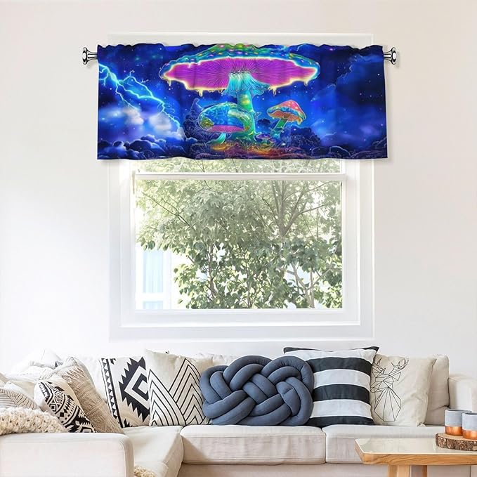 Glowing Neon Mushrooms in Stormy Night Sky Curtain Valance Peach Skin Velvet Printed Window Valance with Rod Pocket Light Filtering for Kitchen Bathroom 54x18in