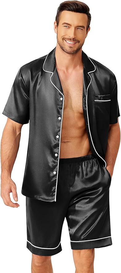 Ekouaer Mens Pajamas Set Silk Satin Sleepwear Short Sleeve Button Down Pjs Set 2 Piece Loungewear with Pockets S-XXL