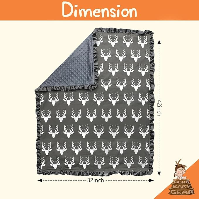 Dear Baby Gear - Reversible Baby Blankets - Soft Nursery Blanket for Newborn - Toddler Blankey - Throw Blanket for Boys & Girls - Infant Blankets - 42x32 (Antlers Grey with Ruffles)