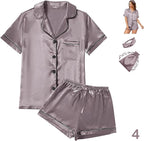 WJing Yi Jia 4Pcs Womens Satin Silky Pajama Sets Short Sleeve Shirt XS-4XL Floral Pajamas Set Soft PJ Loungewear Sleepwear