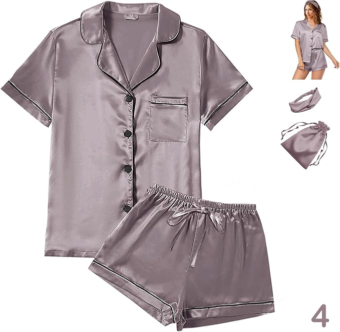 WJing Yi Jia 4Pcs Womens Satin Silky Pajama Sets Short Sleeve Shirt XS-4XL Floral Pajamas Set Soft PJ Loungewear Sleepwear