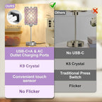 Hong-in Purple Lamps for Night Stands-Crystal Table Lamp with USB-C+A & AC Charging Ports, 3-Way Dimmable Nightstand Touch Lamp, Bedside Desk lamp for Bedroom Living Room Home Office