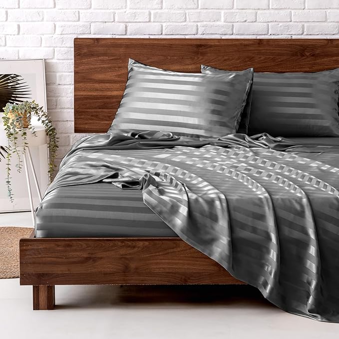 MR&HM Satin Bed Sheets, Full Size Sheets Set, 4 Pcs Silky Bedding Set with 15 Inches Deep Pocket for Mattress (Full, Dark Grey Striped)