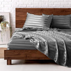 MR&HM Satin Bed Sheets, Queen Size Sheets Set, 4 Pcs Silky Bedding Set with 15 Inches Deep Pocket for Mattress (Queen, Dark Grey Striped)