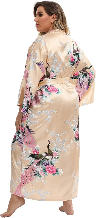 Women's Floral Long Satin Robes Plus Size Long Silk Robes Peacock Floral Kimonos Sleepwear Dressing Gown