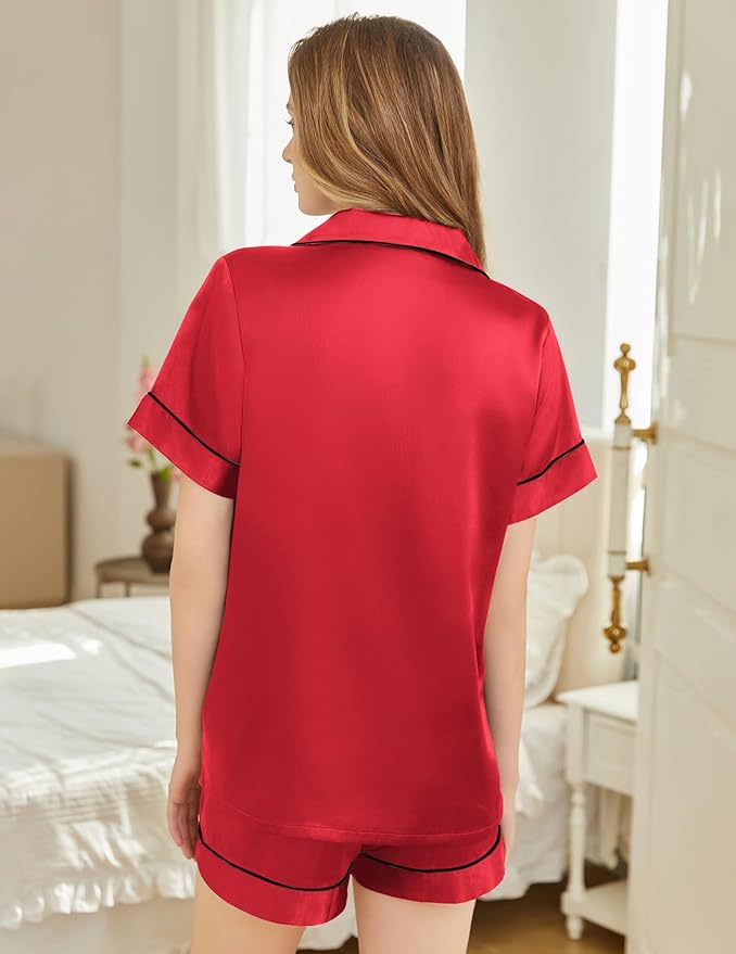 Silk Pajamas for Women Short Sleeve Sleepwear Soft Button Down Loungewear 2 Piece Satin Pjs Shorts Set S-XXL