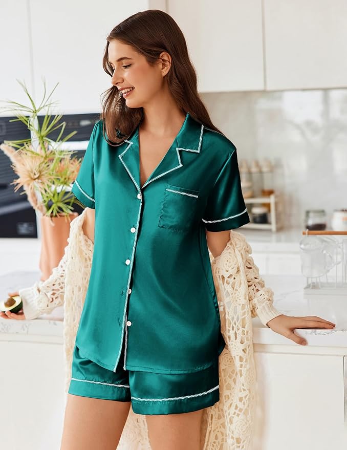 Ekouaer Womens Satin Silk Pajamas Set Short Sleeve Sleepwear Button Down Top and Shorts Loungewear 2 Piece Pjs Set S-XXL