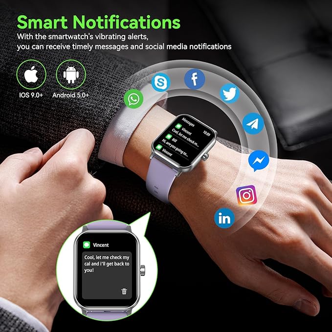 Smart Watch for Men Women, 1.85" HD Fitness Tracker with Bluetooth Calls, 5 ATM Waterproof, 130+ Sport Modes, 24/7 Heart Rate/Sleep Monitor, Pedometer, Calories, Smartwatch for Android iOS (Purple)