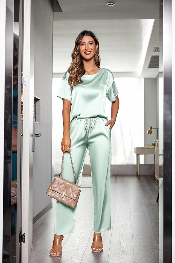 Ekouaer Womens Satin Silky Pajama Set Short Sleeve Shirt with Long Pajama Pant Set Soft PJ Loungewear