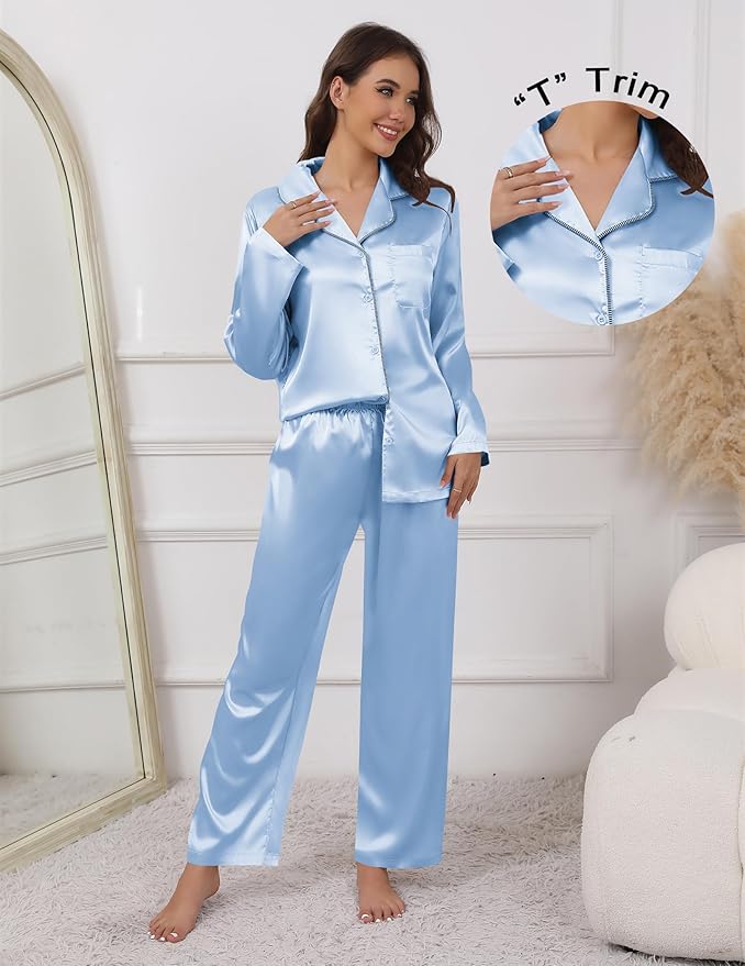 Ekouaer Pajamas For Women Set Silk Pjs 2 Piece Satin Sleepwear Long Sleeve Button Down Lounge Sets With Pant