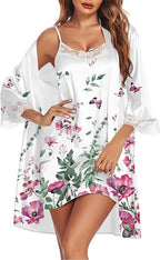 Ekouaer Sleepwear Women's Satin Nightgown with Robes Set 2 Piece Sexy Lace Cami Nightwear