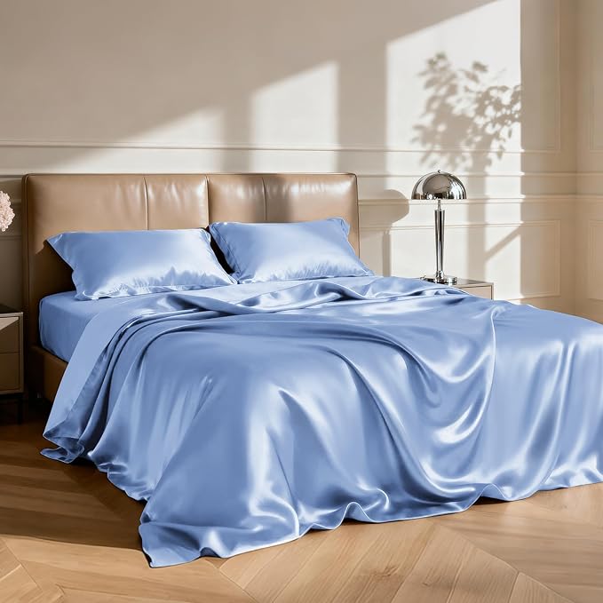 Love's cabin Satin Sheet Set - 3 Piece Sky Blue, Luxury Silky Feel, Twin Size, Deep Pockets, Wrinkle Resistant