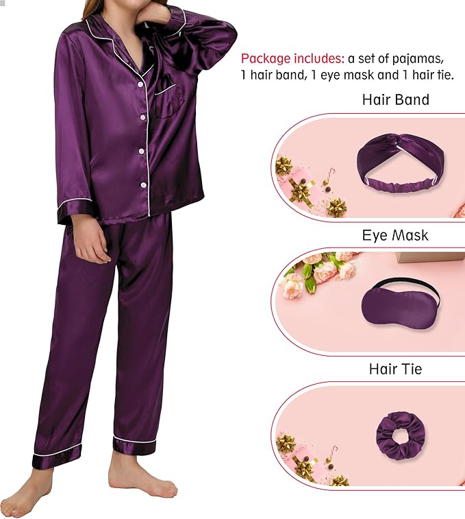 EPLAZA Kids Satin Pajamas Sets Girls Boys Button-Down Silky Pajamas Sleepwear with Hairband Eye Mask Hair Tie