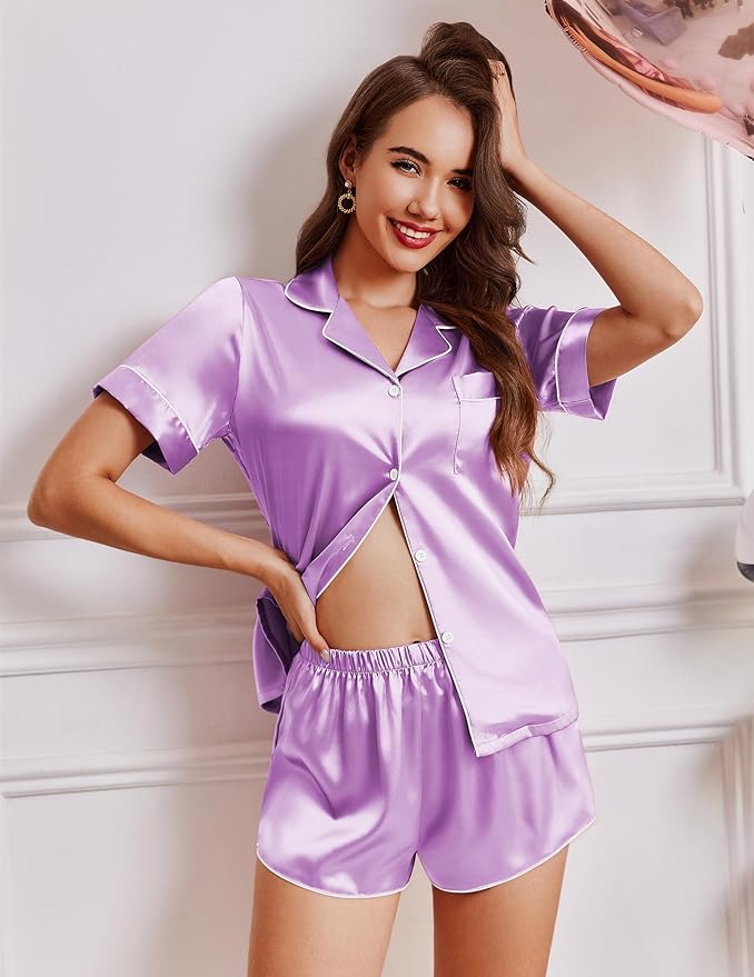 Ekouaer Womens Silk Satin Pajamas Short Sleeve PJS Shorts Set Soft Button Down Sleepwear 2 Piece Loungewear S-5XL