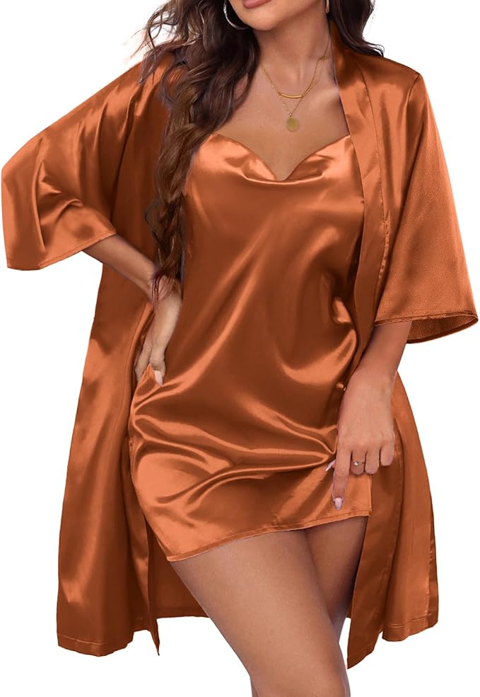 Ekouaer Women's Satin Robe Set Nightgown with Robes Silk Pajama Set 2 Pieces Lingerie Cowl Neck Cami Sleepwear Sets