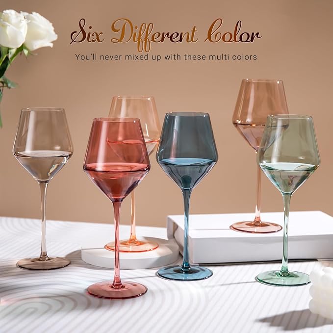 Colored Wine Glasses Set of 6-16OZ Colorful Wine Glass with Stem【HandBlown】 Muted Wine Glasses Colored Set,Wine Gifts for Party,Home Deco