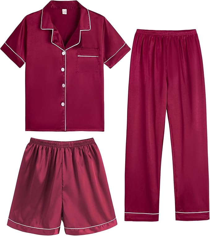 Hupohoi Unisex Girls Boys Kids Pajama Sets Button Down Satin Sleepwear Nighty 3PCS Silky Lounge Sets Nightwear