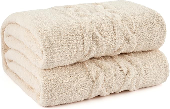 Cable Knit Throw Blanket 50x60 for Couch, Buttery Soft Textured Decorative Knit Blanket, Lightweight Microfiber Sofa Throw for Living Room, Farmhouse Home Decor, Ivory White