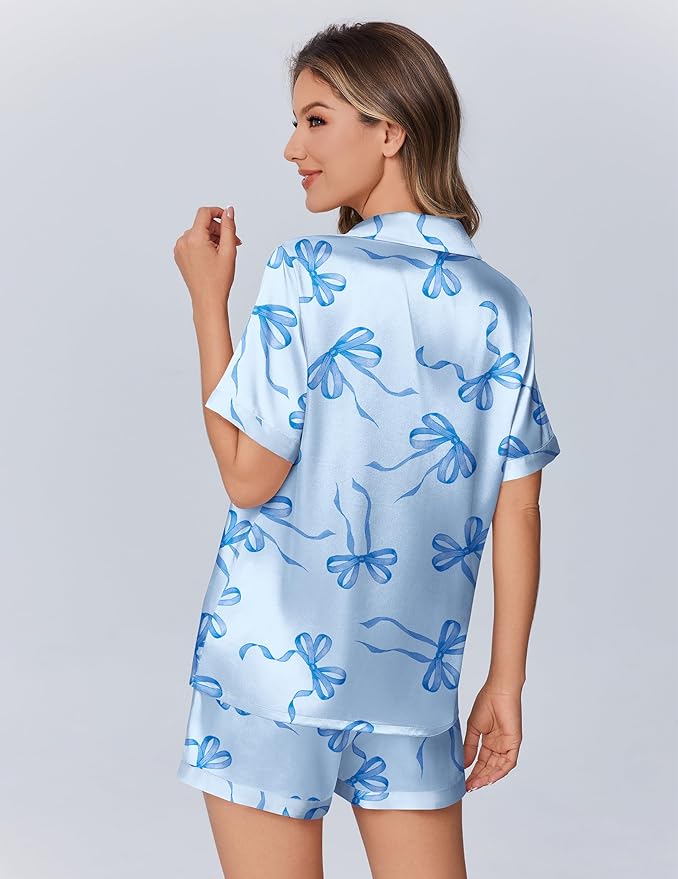 Ekouaer Womens Silk Satin Pajamas Set Animals Print Pjs Button Down Short Sleeve Lounge Set 2 Piece Sleepwear