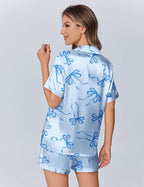 Ekouaer Womens Silk Satin Pajamas Set Animals Print Pjs Button Down Short Sleeve Lounge Set 2 Piece Sleepwear