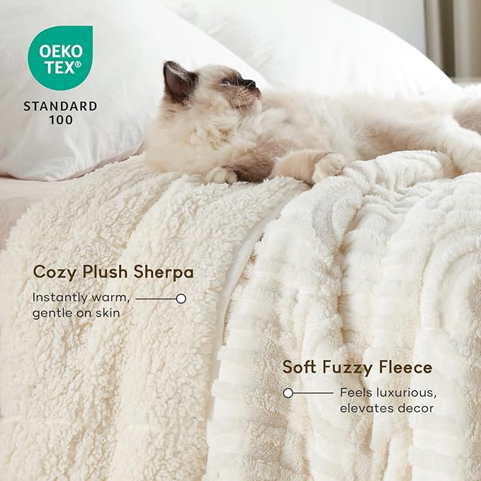 Cottonblue Jacquard Weighted Blanket for Adults 15 lbs Queen Size, Soft Fluffy Sherpa Fleece Weighted Throw Blankets 60" x 80" for Sleep Relax, Fuzzy Warm Arch Heavy Blanket for Bed Couch, Cream White