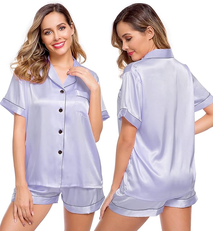 LecGee Womens Silk Satin Pajamas Short Sleeve Loungewear Two-Piece Sleepwear Button-Down Pj Set