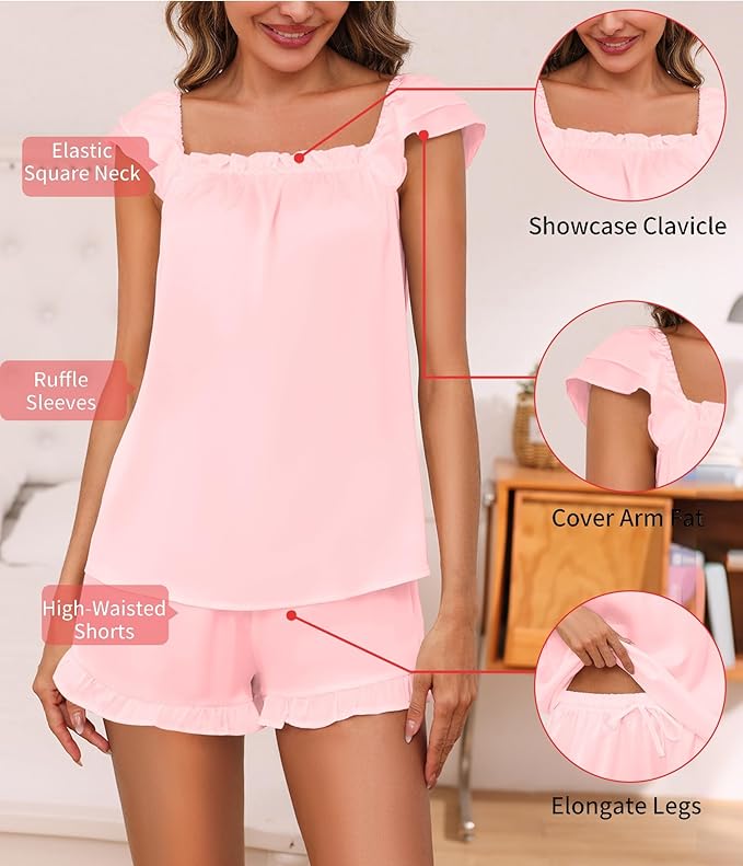 Satin Pajama Set for Women 2 Piece Silk Pjs Ruffle Sleeve Top and Shorts Cute Bridal Sleepwear Set S-XXL